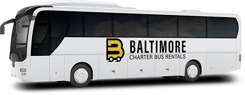 a plain white charter bus with a baltimore charter bus rentals logo on it